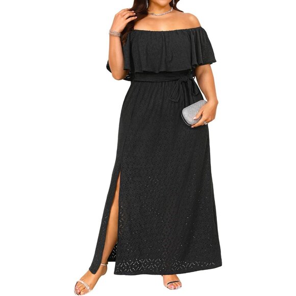 Women Plus Size Summer Dress Off Shoulder Eyelet Maxi with Pockets - Picture 4 of 6